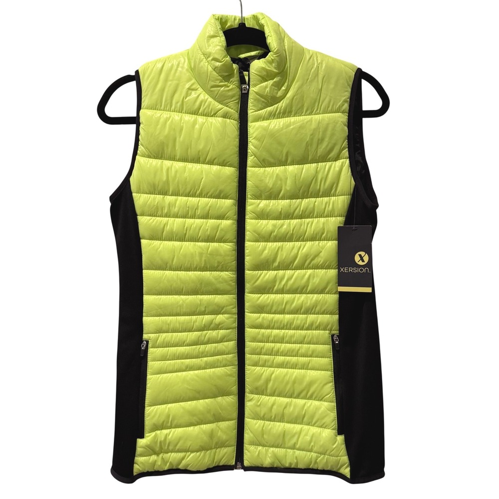Xersion Puffer Vest Shocking Lime Black Athletic Quilted Women Medium